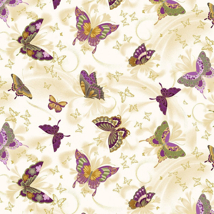 Fleur Majestic Amethyst Butterflies Cream Metallic Chong-A Hwang Timeless Treasures Cotton Fabric