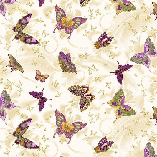 Fleur Majestic Amethyst Butterflies Cream Metallic Chong-A Hwang Timeless Treasures Cotton Fabric