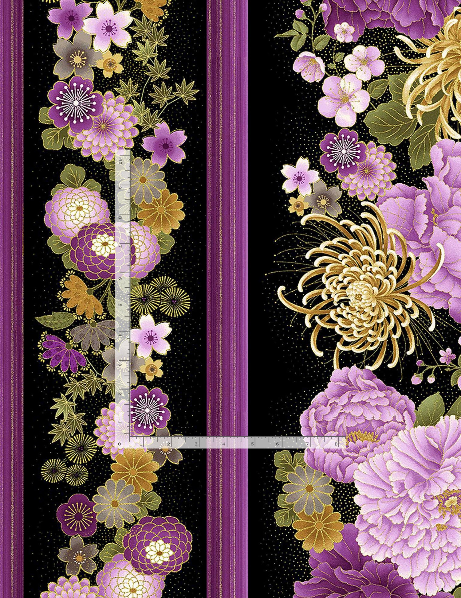 Fleur Majestic Black Japanese Purple Floral 11'' Stripe Black Metallic Chong-A Hwang Timeless Treasures Cotton Fabric TT-CM8809-BLACK | US Fabric Shop