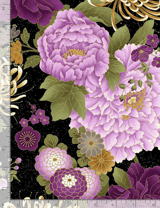 Fleur Majestic Black Japanese Purple Floral Large Black Metallic Chong-A Hwang Timeless Treasures Cotton Fabric