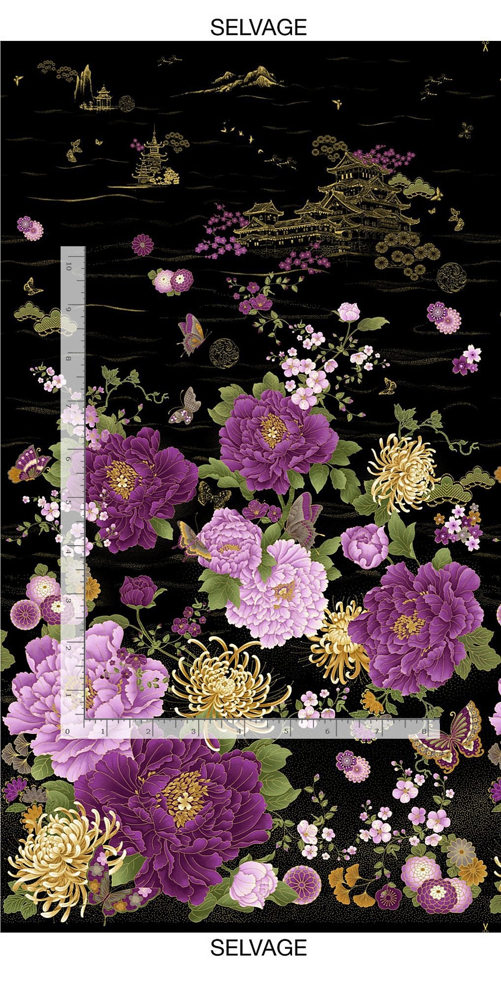 Fleur Majestic Black Japanese Purple Floral Panel 24" Black Metallic Chong-A Hwang Timeless Treasures Cotton Fabric