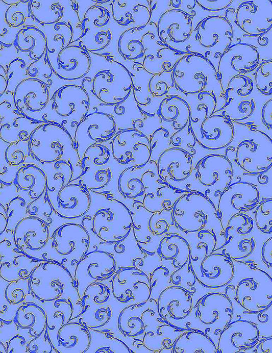 Fleur Metallic Scrolls Blue Sapphire Timeless Treasures Cotton Fabric