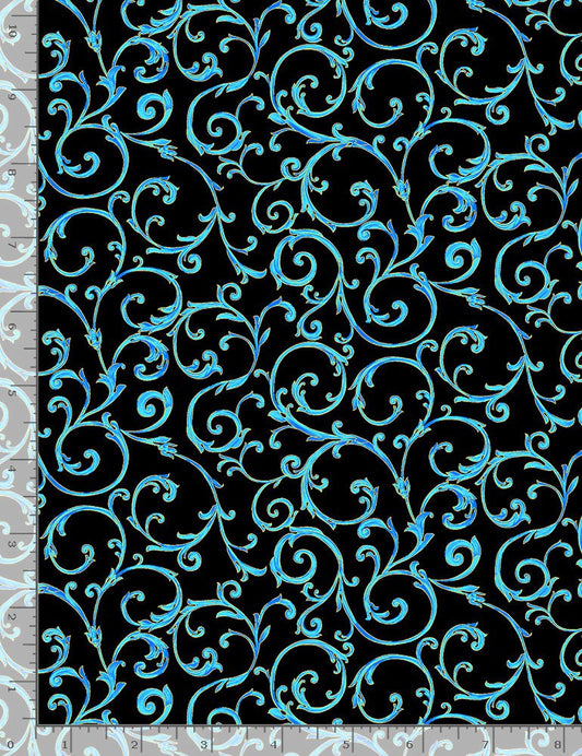 Fleur Metallic Scrolls Peacock Black Chong-A Hwang Timeless Treasures Cotton Fabric