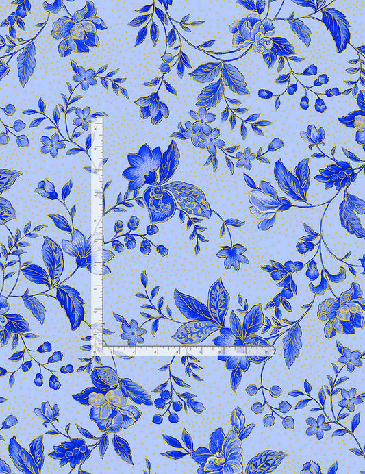 Fleur Tonal Tossed Metallic Florals Blue Timeless Treasures Cotton Fabric