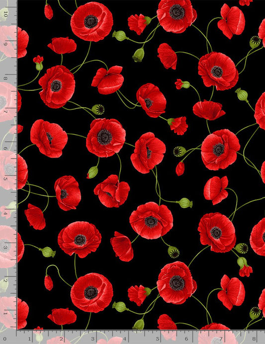 Fleur Tossed Medium Red Poppies Black Chong-A Hwang Timeless Treasures Cotton Fabric