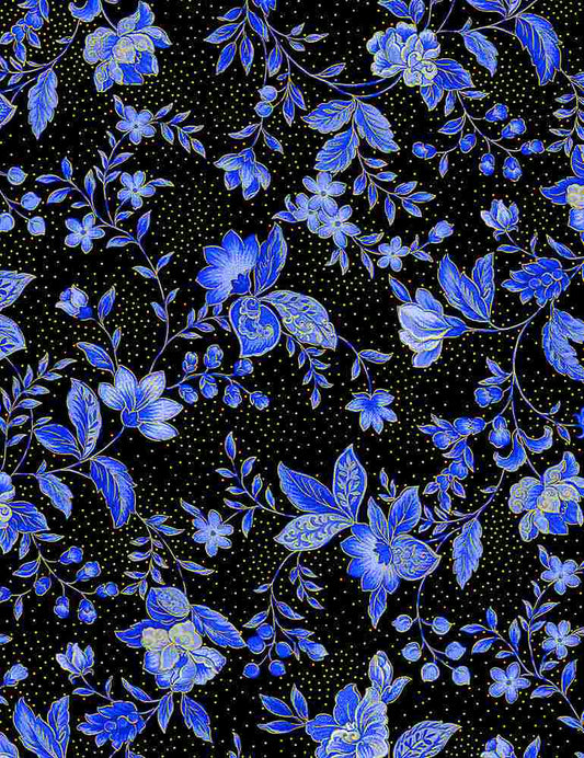 Fleur Tossed Metallic Florals Black Sapphire Timeless Treasures Cotton Fabric