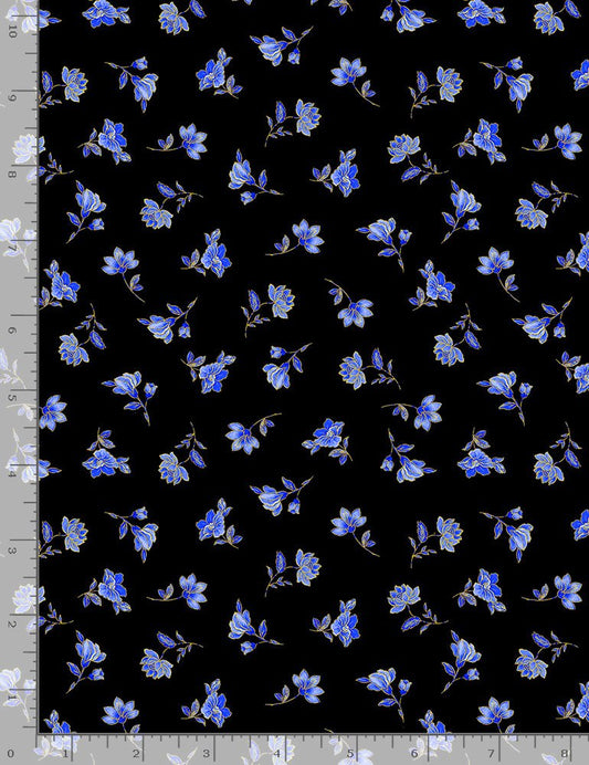 Fleur Tossed Metallic Small Florals Black Sapphire Timeless Treasures Cotton Fabric