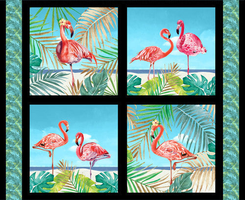 Flock Star Flamingo Pillow Panel 36" Aqua Lucca Sheppard Blank Quilting Cotton Fabric