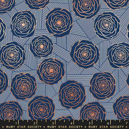 Floradora Bunch of Roses Florals Navy Blue Metallic Jen Hewett of Ruby Star Moda Cotton Fabric