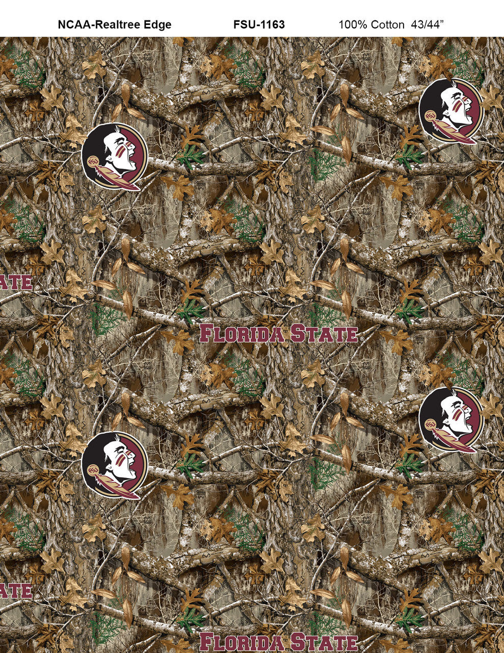 Florida State Seminoles NCAA College Realtree Camo Sykel Enterprises Cotton Fabric SYK-FSU-1163