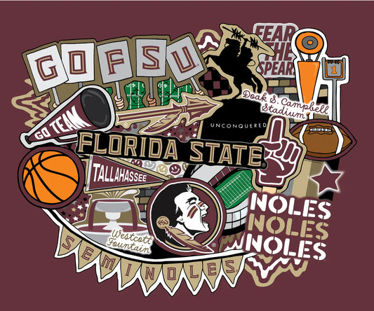 Florida State Seminoles NCAA College Doodle Panel 36''x43'' Sammy Sykel Enterprises Cotton Fabric SYK-FSU-2000