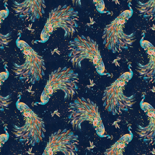 Flourish and Grace Midnight Feathers Peacock Navy Blue Sally Barlow 3 Wishes Cotton Fabric 3W-24559-NV