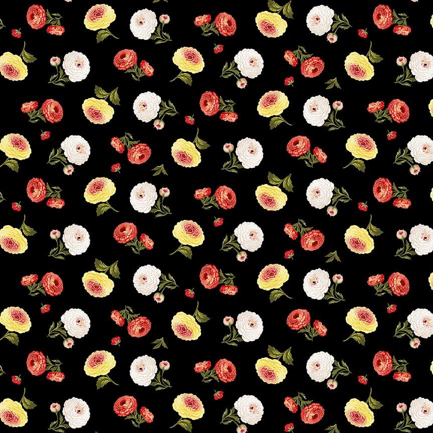 Flower Market Tossed Flowers Black Multi Jessica Mundo Henry Glass Cotton fabric