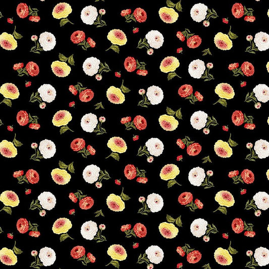 Flower Market Tossed Flowers Black Multi Jessica Mundo Henry Glass Cotton fabric