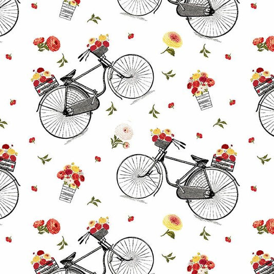 Flower Market Tossed Large Bicycles White Multi Jessica Mundo Henry Glass Cotton fabric