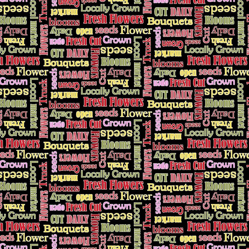 Flower Market Words Black Multi Jessica Mundo Henry Glass Cotton fabric