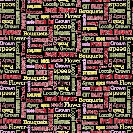 Flower Market Words Black Multi Jessica Mundo Henry Glass Cotton fabric