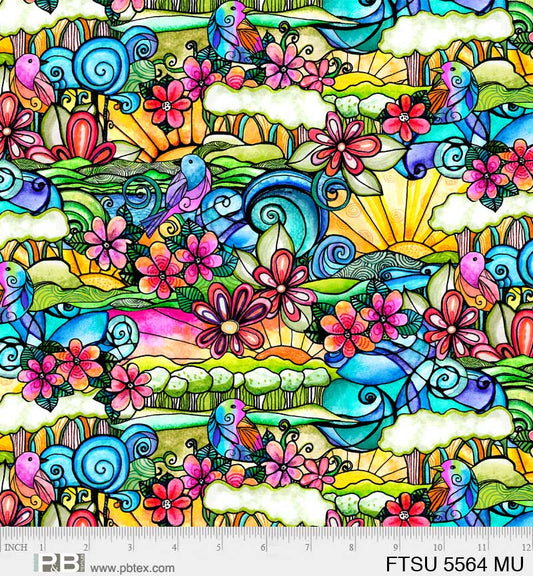 Flower To The Sun Stained Glass Scenic Multi Robin Mead P&B Textiles Cotton Fabric