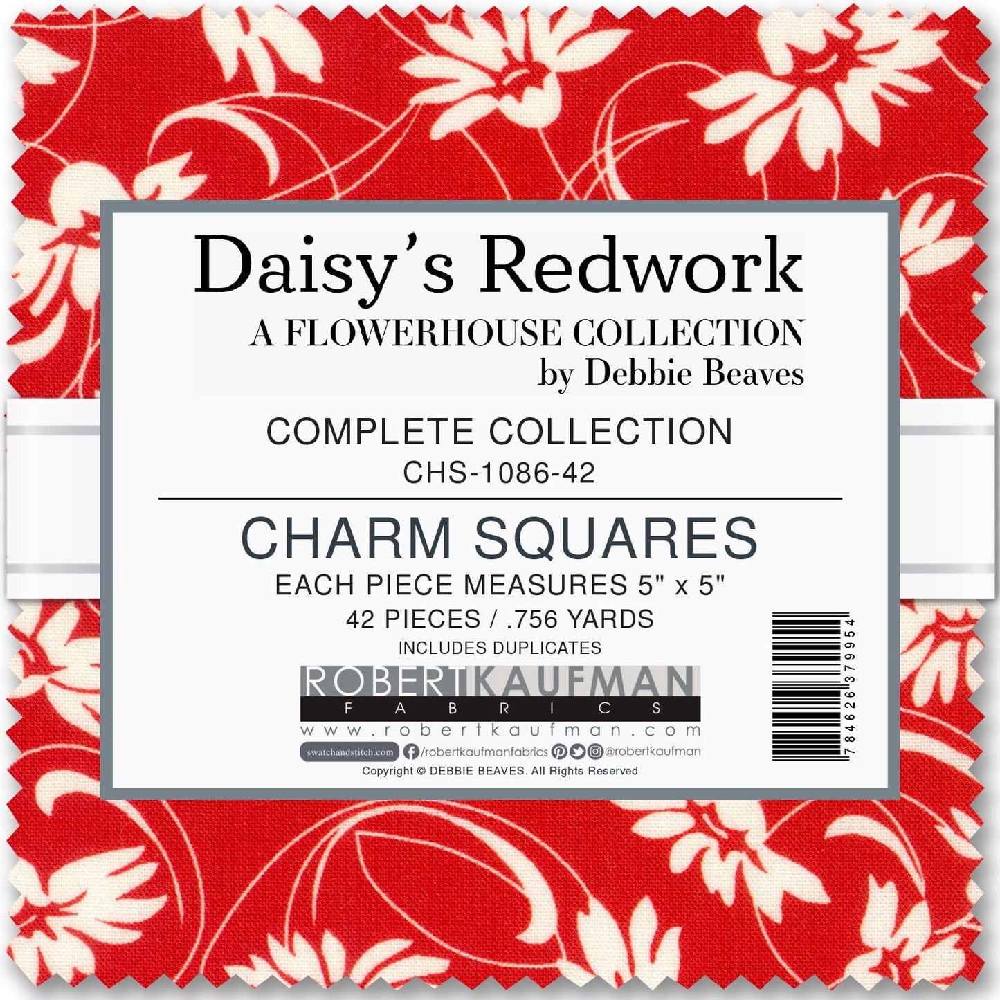 Daisy's Redwork Flowerhouse 5" Square Debbie Beaves Robert Kaufman Cotton Fabric