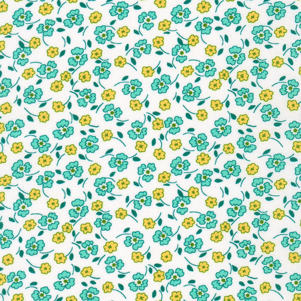 Flowerhouse Little Blossoms Tossed Floral Azure Green Debbie Beaves Robert Kaufman Cotton Fabric