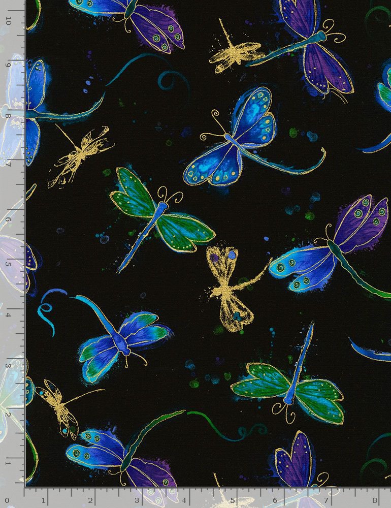 Fly By Night Tossed Dragonflies Black Metallic Chong-A-Hwang Timeless Treasures Cotton Fabric