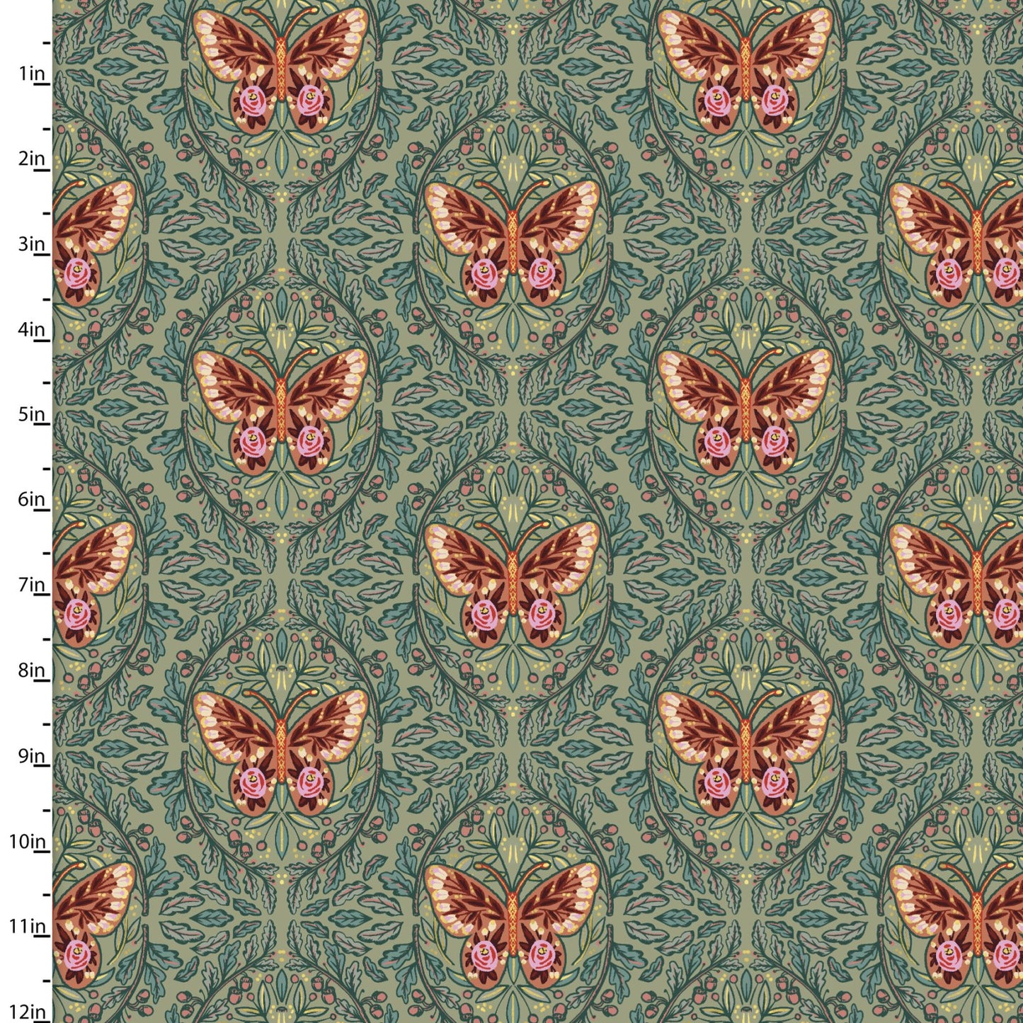 Folk Flora Mirrored Butterfly Green Caroline Alfreds 3 Wishes Cotton Fabric