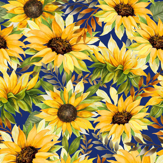 Follow the Sun Large Sunflowers Navy Blue Oasis Fabrics Cotton Fabric