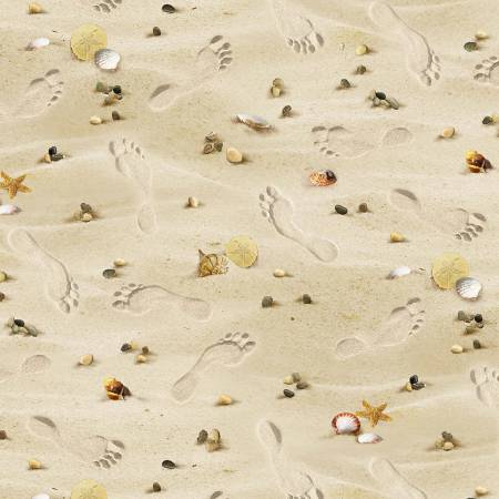 Footprints Shells Sand Children of Sea 2 Elizabeth's Studio Cotton Fabric