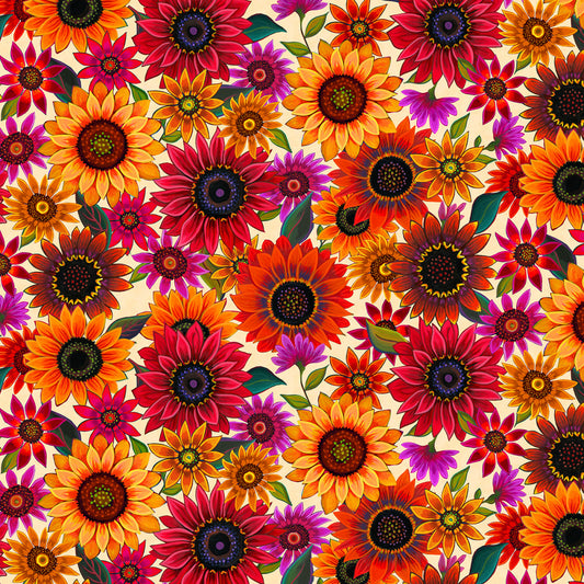 For the Love of Sunflowers Packed Floral Cream Peggy Davis Elizabeth's Studio Cotton Fabric