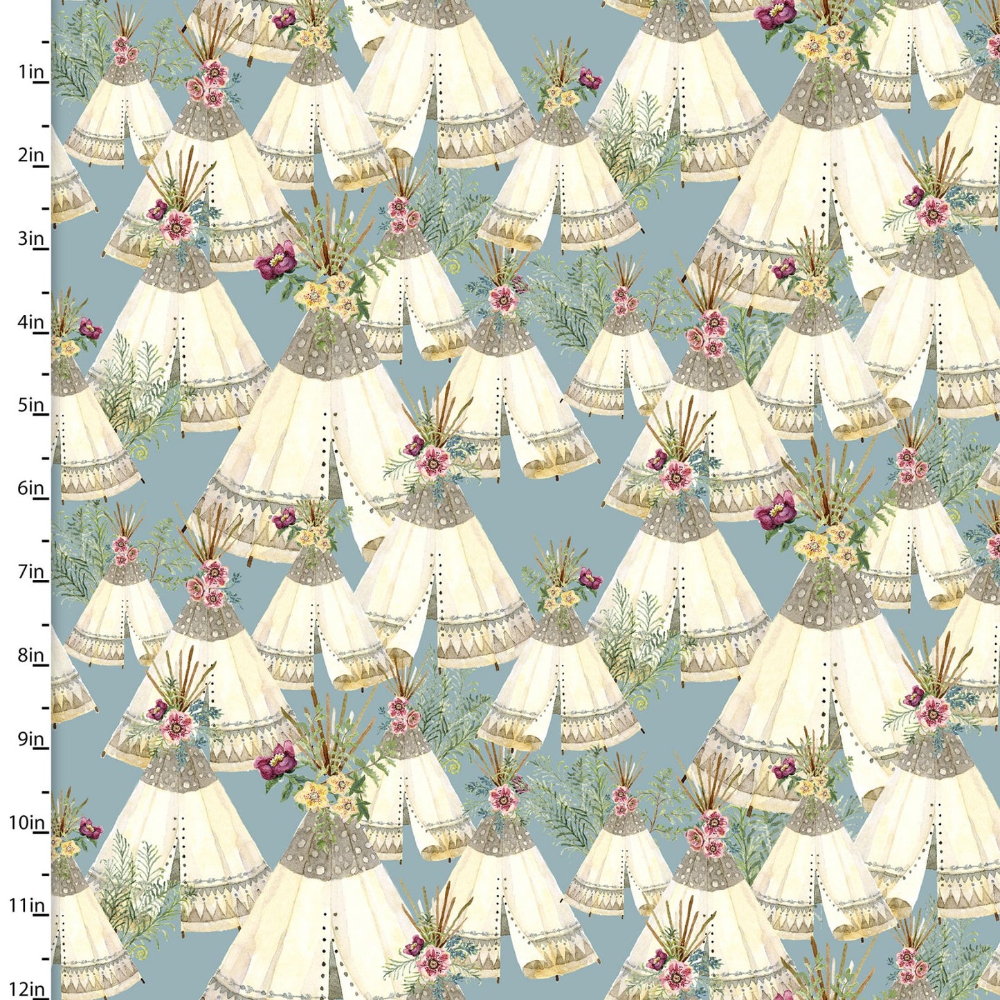 Forest Friends Girl Tents Teepee Floral Blue Audrey Jeanne Roberts 3 Wishes Cotton Fabric