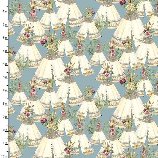 Forest Friends Girl Tents Teepee Floral Blue Audrey Jeanne Roberts 3 Wishes Cotton Fabric