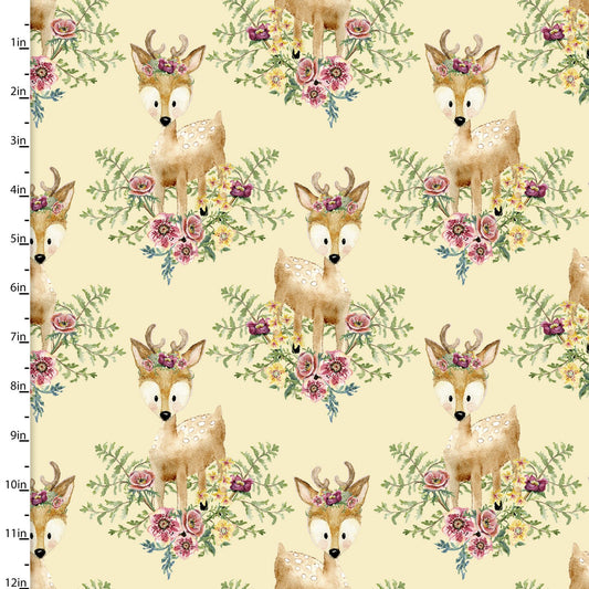 Forest Friends Girl Pink Deer Yellow Audrey Jeanne Roberts 3 Wishes Cotton Fabric