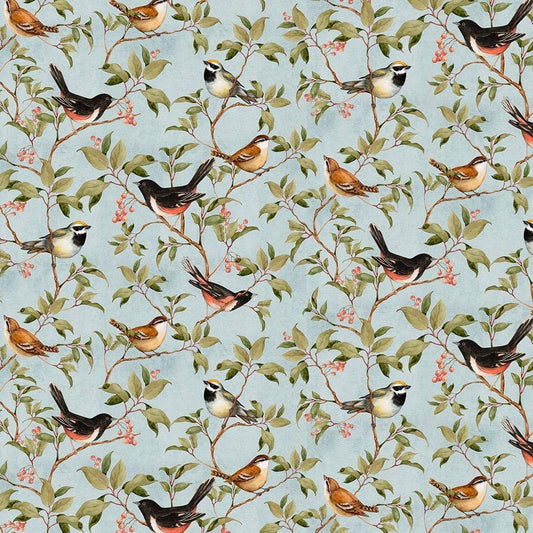 Forest Study Birds and Branches Light Blue Susan Winget Wilmington Prints Cotton Fabric