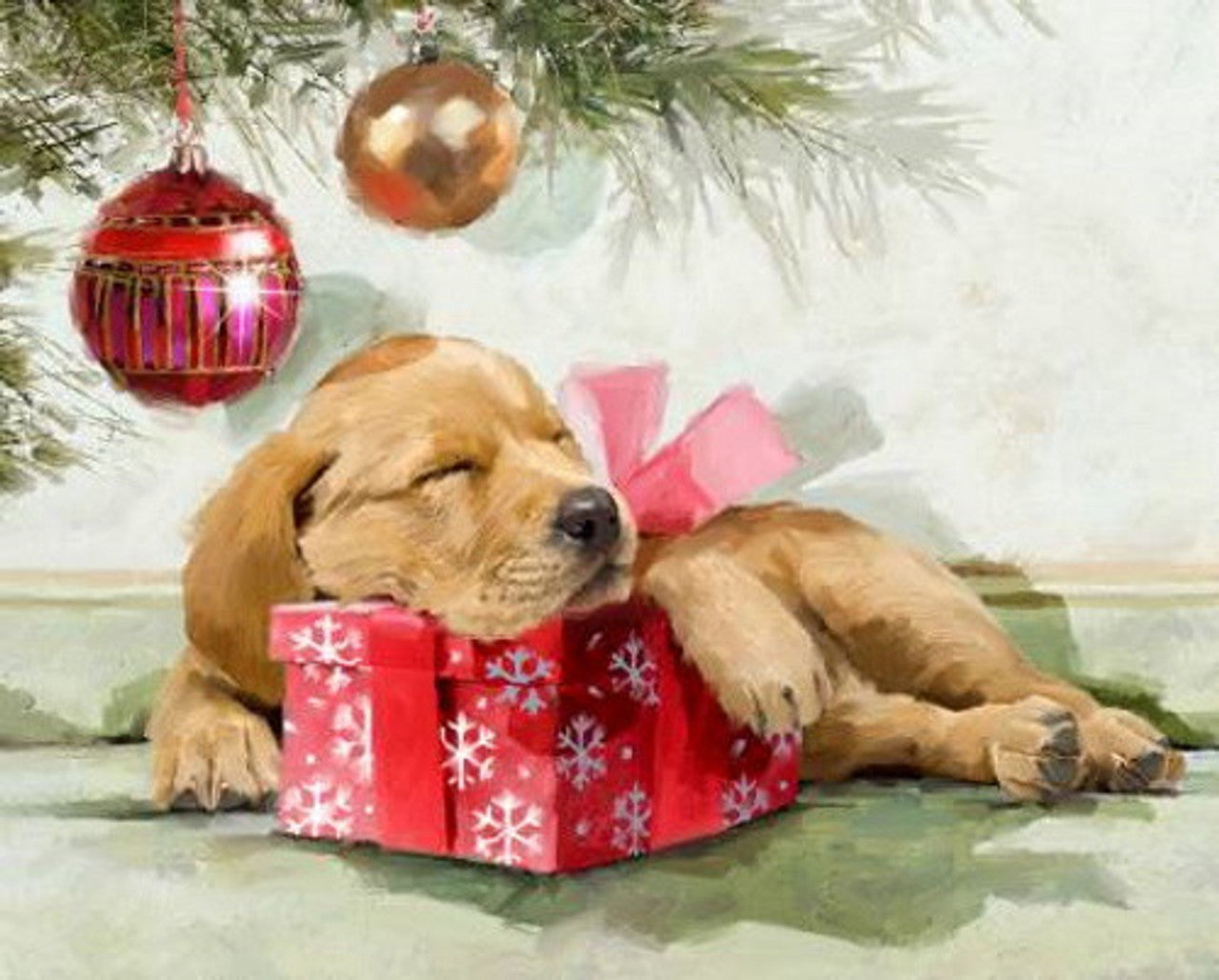 Four Seasons Sleepy Puppy Christmas Tree Scene Panel 35" Art Licensing David Textiles Cotton Fabric DT-AL-4553-1C-1 Multi