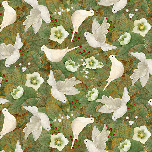 French Countryside Christmas Flying Doves Green Beth Albert 3 Wishes Cotton Fabric