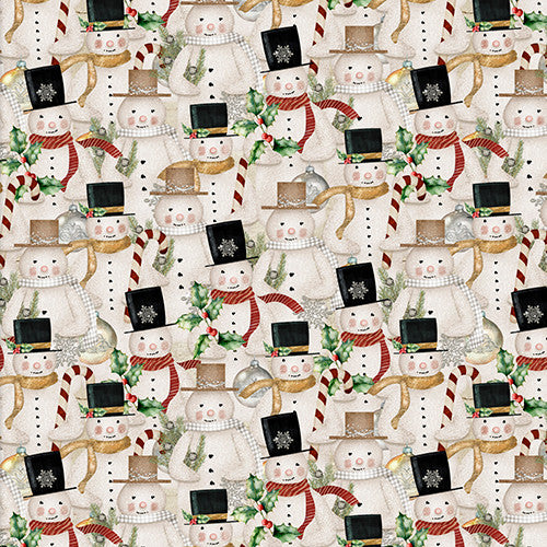 French Countryside Christmas Packed Snowmen Cream Beth Albert 3 Wishes Cotton Fabric