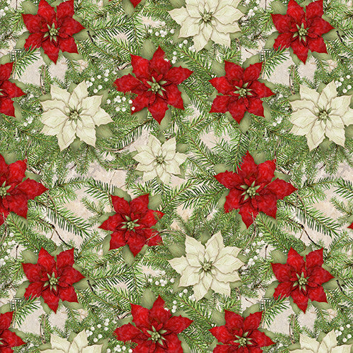 French Countryside Christmas Poinsettias Multi Beth Albert 3 Wishes Cotton Fabric