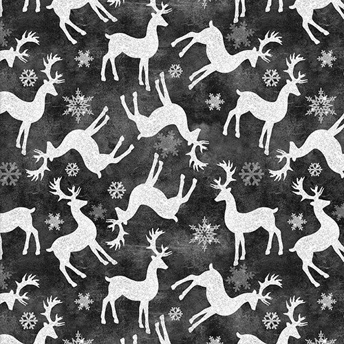 French Countryside Christmas Tossed Reindeer Charcoal Beth Albert 3 Wishes Cotton Fabric