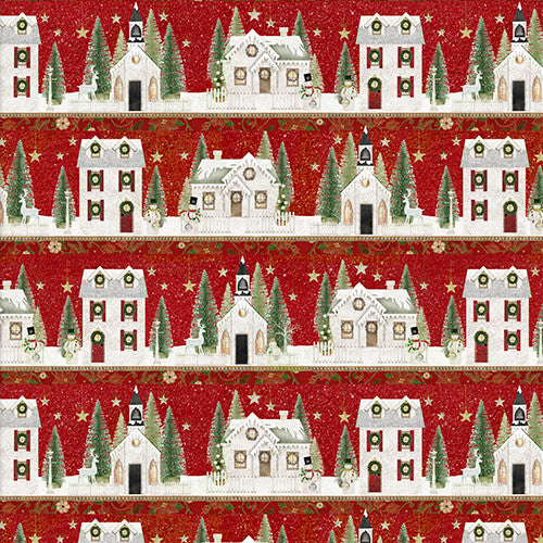 French Countryside Christmas Village Rows Red Beth Albert 3 Wishes Cotton Fabric