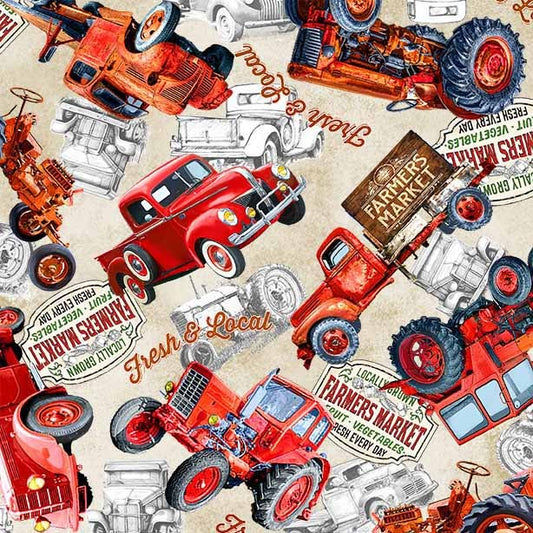 Fresh & Local A Days Work Red Trucks Ecru Cream Michael Miller Cotton Fabric