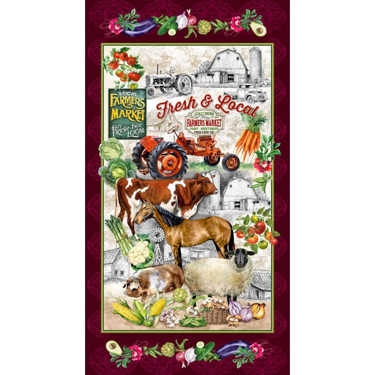 Fresh & Local Farm Animals Vegetable Panel 24" Multi Michael Miller Cotton Fabric