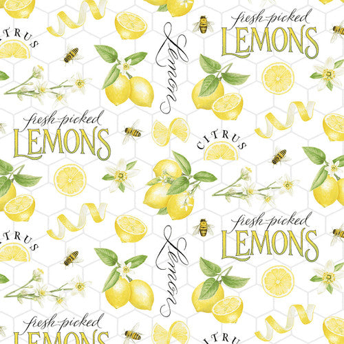 Fresh Picked Lemons Large Tossed Lemons & Words Yellow Jane Shasky Henry Glass Cotton Fabric