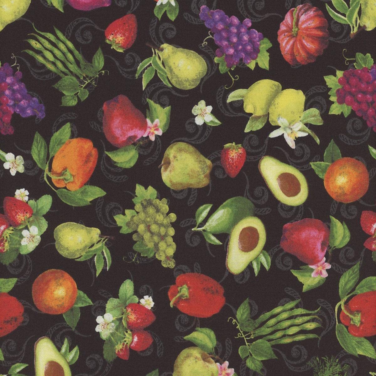 Fresh from The Grove Fruit and Veggies Toss Black Art Licensing Studio Wilmington Prints Cotton Fabric