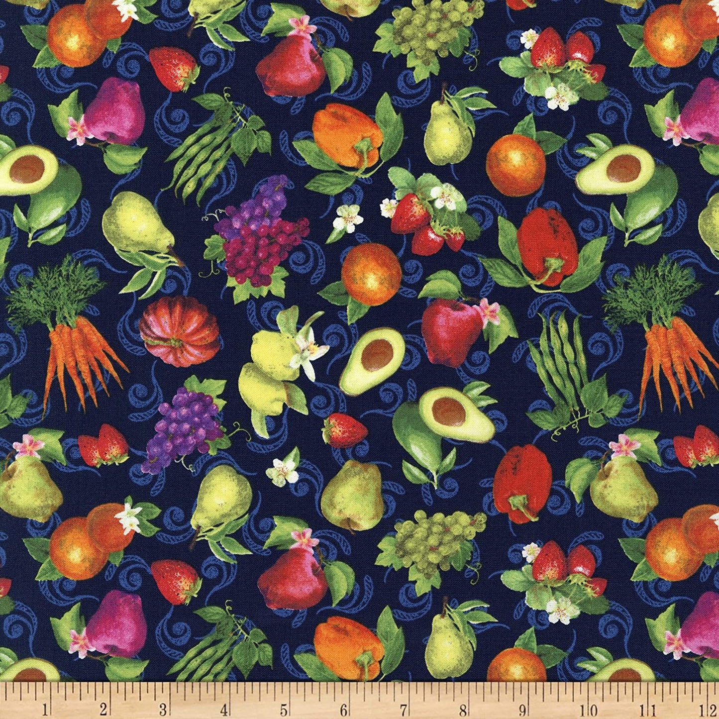 Fresh from The Grove Fruit and Veggies Toss Navy Art Licensing Studio Wilmington Prints Cotton Fabric