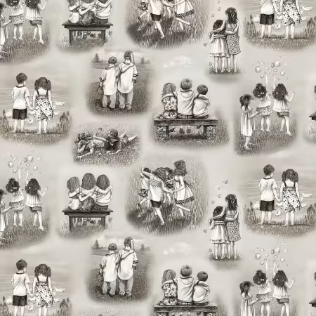 Friends Forever Children Black White Tracy Lizotte Elizabeth's Studio Cotton Fabric ES-4336-BLACKWHITE