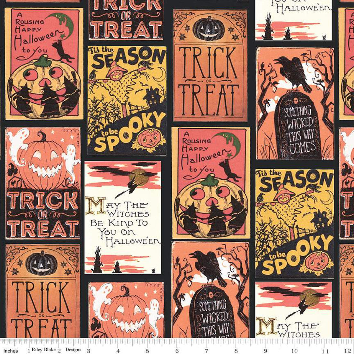 Fright Delight Halloween Cards Black Lindsay Wilkes Riley Blake Designs Cotton Fabric