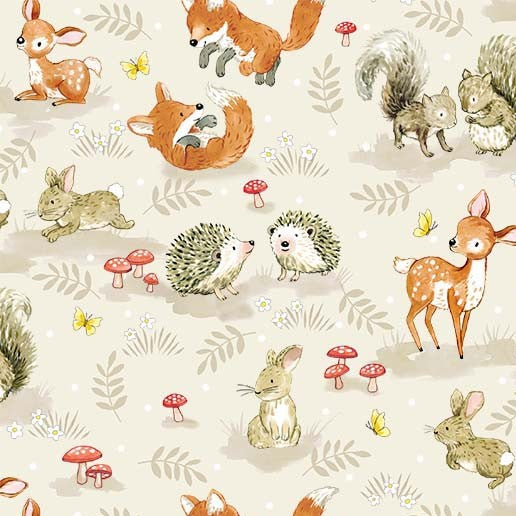 From Little Acorns Woodland Baby Animals Cream Louise Nisbet Michael Miller Cotton Fabric MM-DDC12416-CREM-D