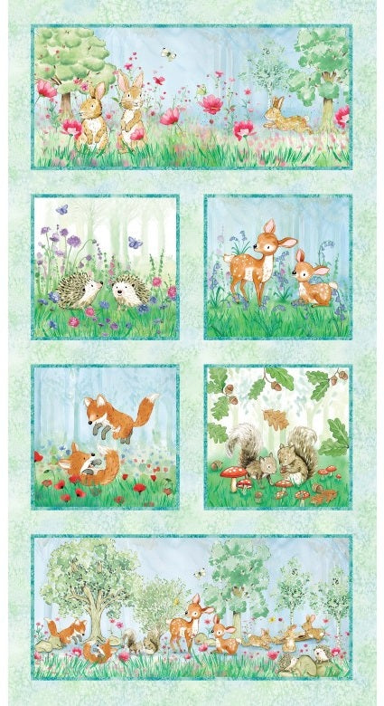 From Little Acorns Woodland Panel 24" Mist Louise Nisbet Michael Miller Cotton Fabric MM-DDC12424-MIST-D