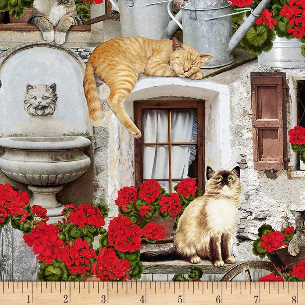 Front Porch Cats Geraniums Porch Timeless Treasures Cotton Fabric