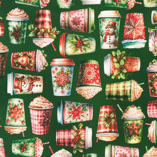 Frosted Holiday Drinks Green Robert Kaufman Cotton Fabric RK-SRKD-23207-7